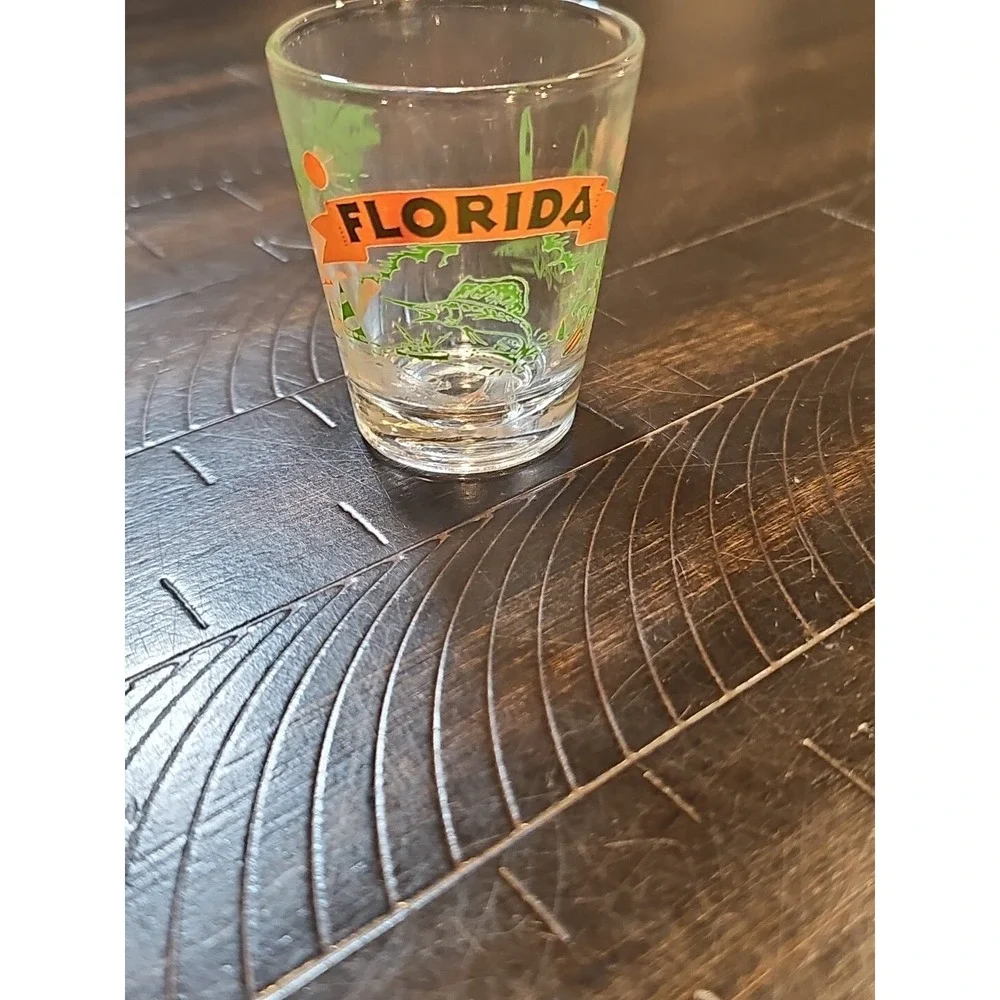 Vintage Florida Cold Shot Glass Orange Green Alligator Palms Late 70s Souvenir‎